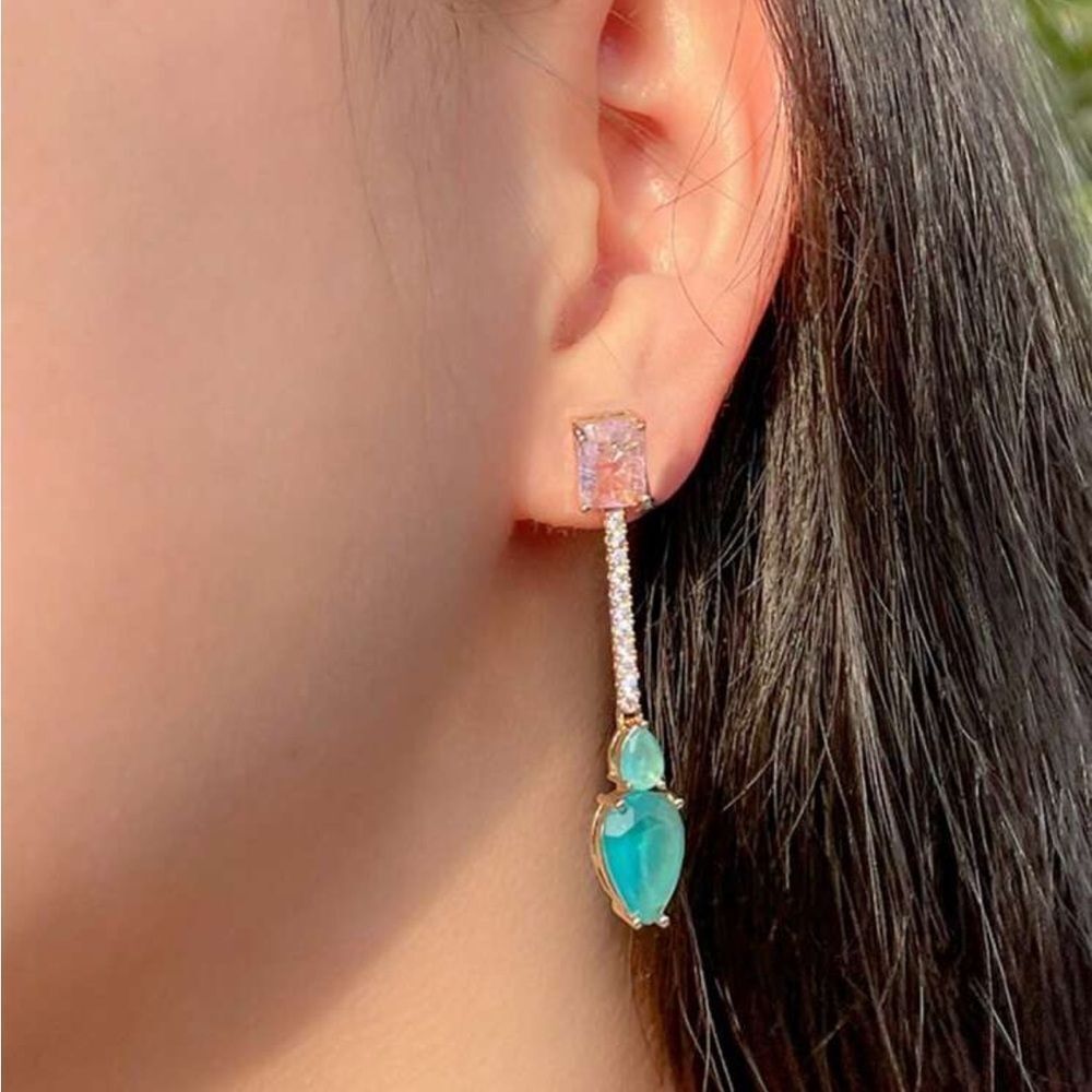 Elegant Gold and Teal Drop Earrings M536 - Picture 2 of 6